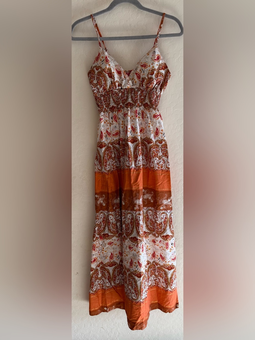 Vintage She's Cool, medium, 100% cotton, boho paisley smocked maxi dress